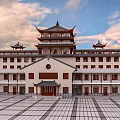 Traditional Ancient Architectural Structure with Multiple Tiered Roof Red Pillars Symmetrical Design and Paved Square