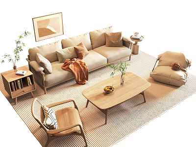 Modern Cozy Living Room Sofa Coffee Table Set With Wooden Accent Chairs And Plants 3d model