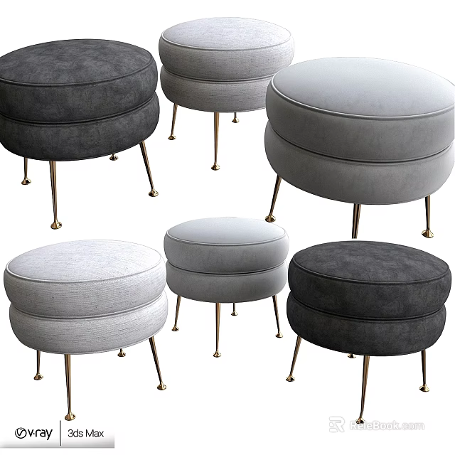 Round Velvet Ottoman with Gold Metal Legs in Various Gray Tones 3d model 