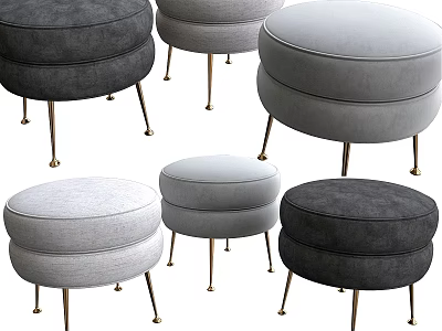 Round Velvet Ottoman with Gold Metal Legs in Various Gray Tones 3d model