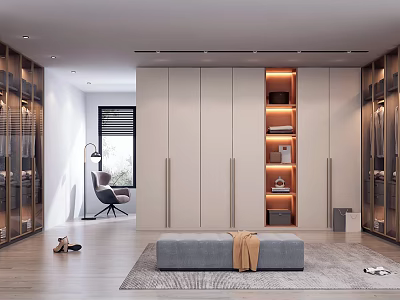 Modern Walk In Closet With Built In Wardrobes And Ottoman 3d model