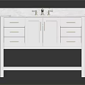 White Bathroom Vanity with Marble Countertop and Faucet Cabinets Drawers and Lower Shelf