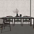 Modern Dining Table Set with Chairs and Decorative Vase on Gray Wall Background 3d model
