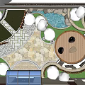 Garden Courtyard Design With Circular Wooden Patio Irregular Stone Paving And Greenery Surroundings