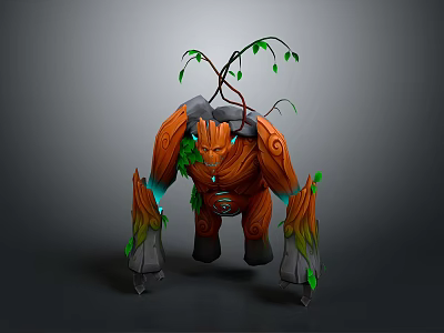 Detailed 3D Tree Creature Model With Wooden Body Horns Green Vines and Glowing Leaves 3d model