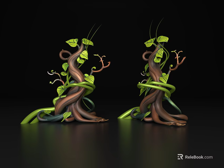 Two Vine Decorative Sculptures With Brown Trunk like Structures And Green Twisting Vines 3d model 