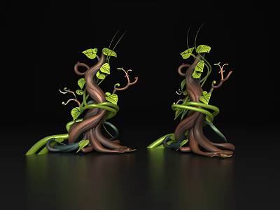 Two Vine Decorative Sculptures With Brown Trunk like Structures And Green Twisting Vines 3d model