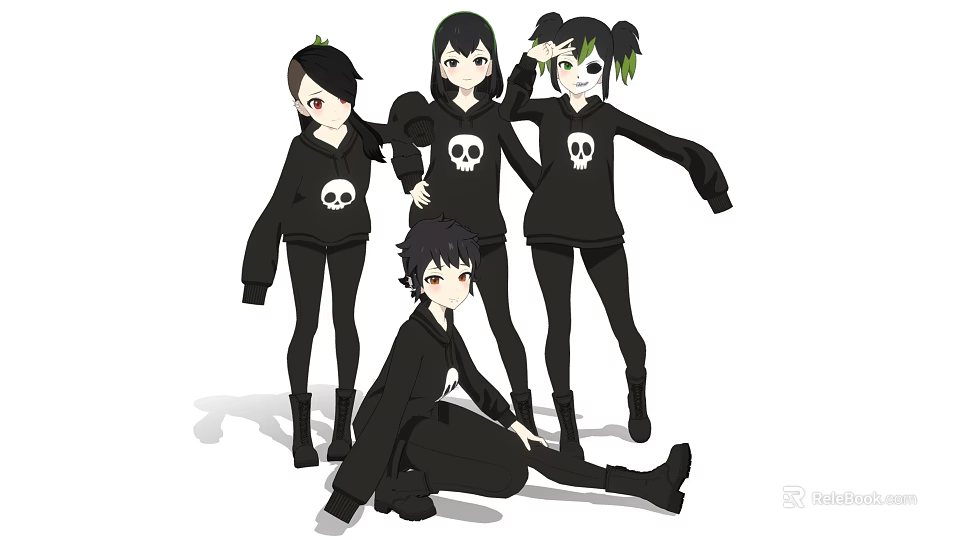 Anime Style Women In Black Hoodies With Skull Prints Standing Together 3d model 
