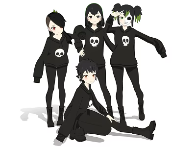 Anime Style Women In Black Hoodies With Skull Prints Standing Together 3d model
