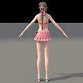 Woman Wearing Pink Bikini And Skirt With Flower Hair White Sandals Arms Outstretched Gray Background