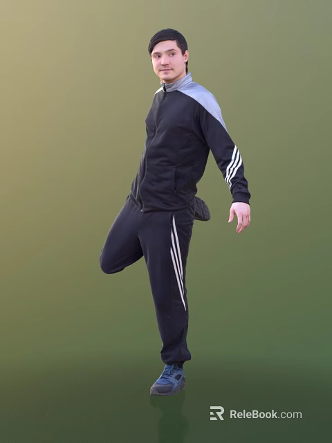 Man In Black Tracksuit With White Stripes Posing On Green Background 3d model 