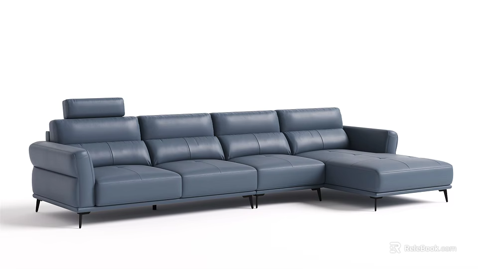 Modern Blue Leather Sectional Multi Seater Sofa With Metal Legs For Living Room 3d model 