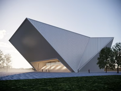 Modern Geometric Library Building With White Aluminum Facade Grass And Trees 3d model