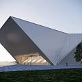 Modern Geometric Library Building With White Aluminum Facade Grass And Trees