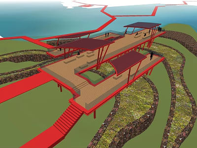 Scenic Hillside Tower With Red Pathway Platform And Blue Water View 3d model