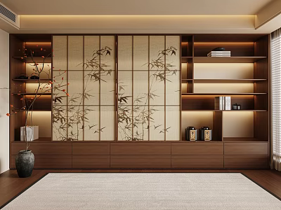 Japanese Style Wooden Bookcase With Built in Shelves Bamboo Pattern Screen And LED Lighting 3d model