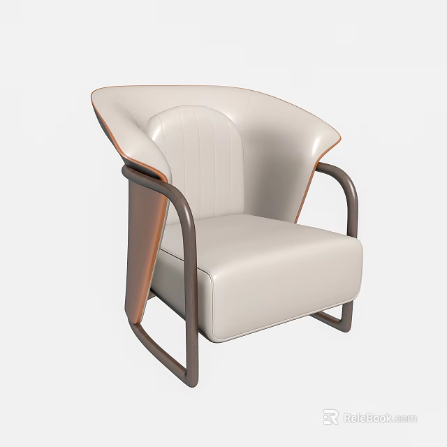 Cream Colored Single Sofa With Leather Upholstery Stitched Backrest And Dark Metal Frame Arms 3d model 