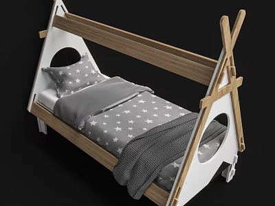 Stylish Children's Bed With Wooden White Frame Star Pattern Bedding And Tent Shape Design 3d model