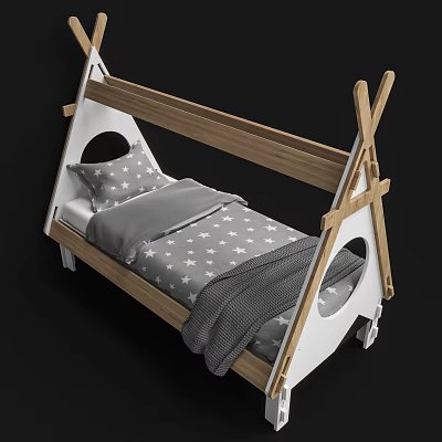 Stylish Children's Bed With Wooden White Frame Star Pattern Bedding And Tent Shape Design 3d model