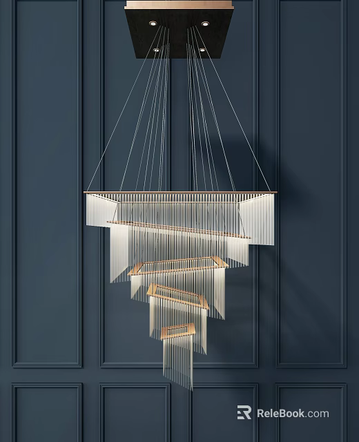 Modern Crystal Chandelier With Multi Layered Metal Frame Transparent Crystal Panels Hanging On Dark Wall 3d model 