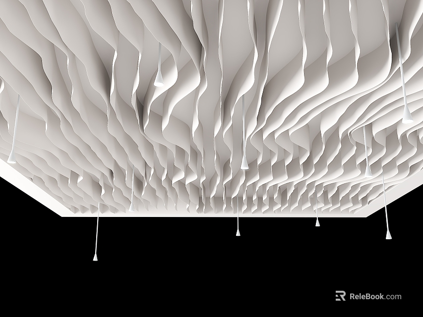 Modern White Wavy Ceiling Interior Design With Hanging Lines And Sleek Pattern 3d model 