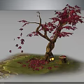 Red Maple Tree With Curved Branches Red Leaves Fallen Leaves Stone Path And Lantern
