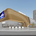 Modern Commercial Complex Exterior With Green Roof LED Screens And Pedestrian Activity