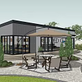 Modern Detached Villa With Outdoor Dining Set Umbrella Courtyard And Stone Path
