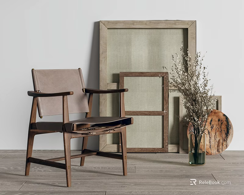 Decorative Wooden Photo Frames with Armchair Dried Flower Vase and Decor on Light Wall Floor 3d model 