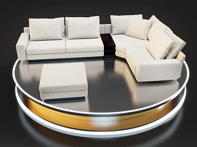 Modern Light Colored Sectional Sofa With Ottoman On Circular Illuminated Platform 3d model