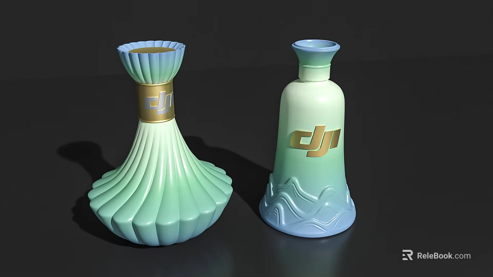 Stylish Ceramic Vases Featuring Light Green Blue Green Gradient And Gold Logo Design 3d model 