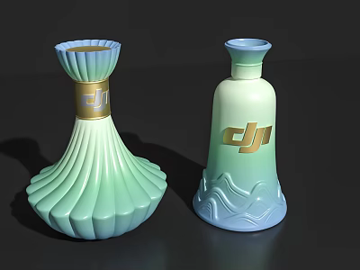 Stylish Ceramic Vases Featuring Light Green Blue Green Gradient And Gold Logo Design 3d model