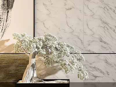 Bonsai Tree With Lush Green Foliage And Twisted Trunk In Black Pot On Marble Wall 3d model