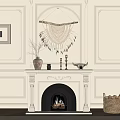 White Fireplace With Carved Mantel Woven Hanging Decorative Candlesticks And Wood Basket In Beige Interior