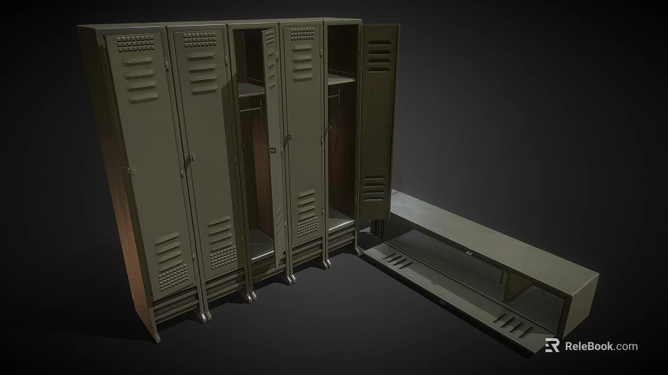 Metal Storage Lockers With Multiple Units Open Doors And Side Bench For Storage 3d model 