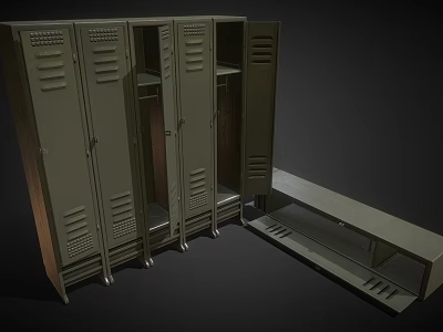 Metal Storage Lockers With Multiple Units Open Doors And Side Bench For Storage 3d model