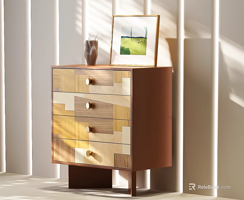Modern Chest of Drawers with Patchwork Wooden Panels Vase and Framed Picture in Natural Light 3d model 