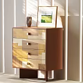 Modern Chest of Drawers with Patchwork Wooden Panels Vase and Framed Picture in Natural Light