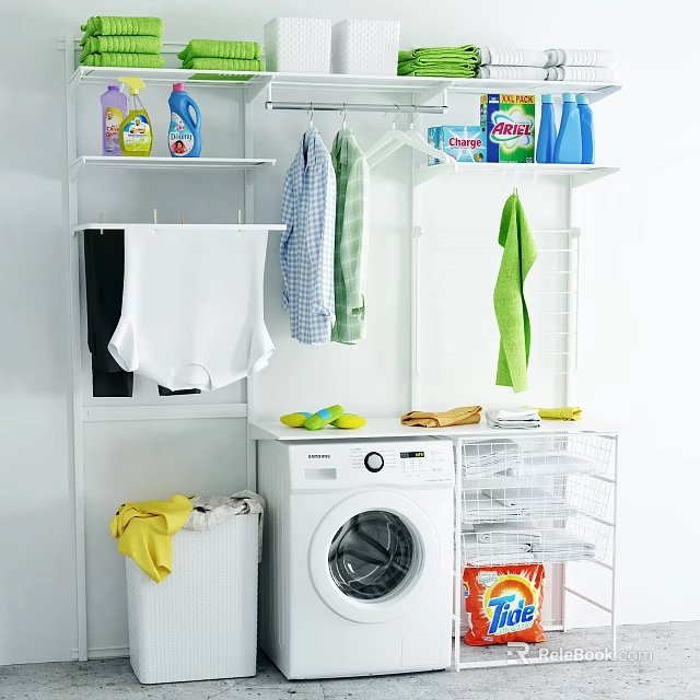 Organized Washing Machine Space With Laundry Supplies Hanging Clothes And Storage Basket 3d model 