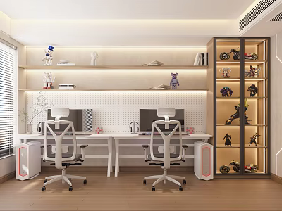 Modern Study Room Interior With Two Desks Computers Display Cabinets And Decorative Shelves 3d model