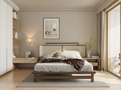 Warm Cozy Bedroom Interior With Wooden Bed Frame Woven Headboard Table Lamp And Green Plant 3d model