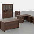Brown Wooden Office Desk Set With Storage Cabinet And Drawer Units For Home Office