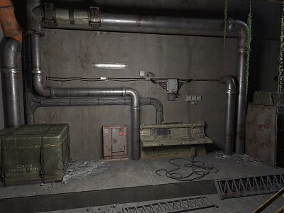 Industrial Interior With Rusty Metal Pipes Concrete Wall Metal Crate Control Panel And Grating Floor 3d model