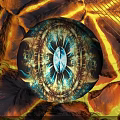 Future Architecture Spherical Structure With Orange Yellow Layers And Illuminated Blue Core