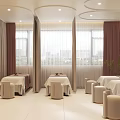 Modern Bright Beauty Salon Interior With Treatment Beds Curtains And Comfortable Chairs