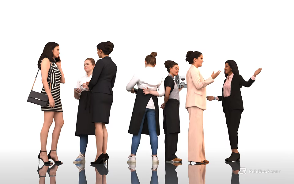 Women In Various Professional Attire Standing Together And Engaging In Conversation 3d model 