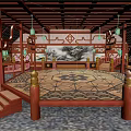 Cartoon Scene of Ornate Traditional Chinese Interior with Red Wooden Structure Lanterns Screen and Carpet