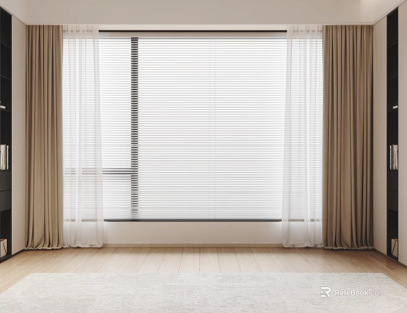 Beige Curtains With White Blinds In Modern Room Large Window Wooden Floor Dark Cabinets 3d model 