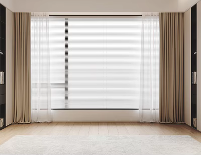 Beige Curtains With White Blinds In Modern Room Large Window Wooden Floor Dark Cabinets 3d model