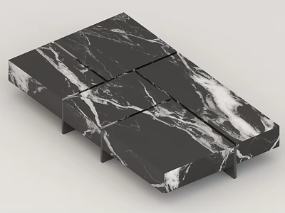 Modern Black Marble Coffee Table Featuring White Veins And Geometric Panel Design 3d model